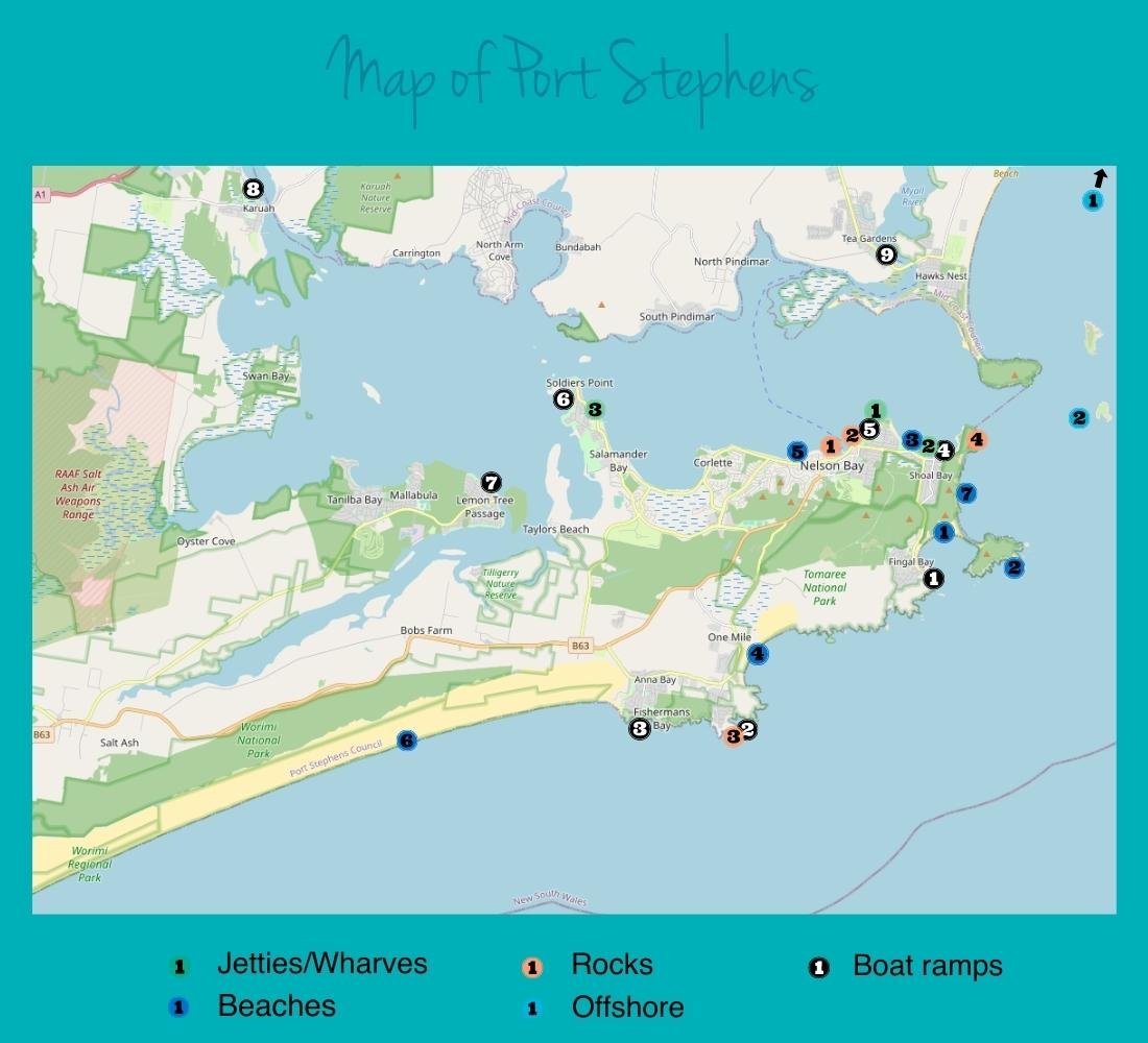 Map of Fishing Spots in Port Stephens, NSW (1100 × 1500px)