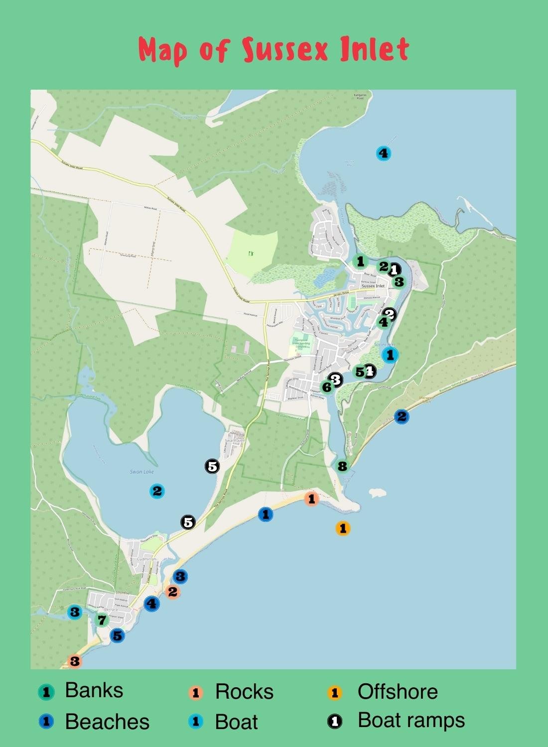 Map of Fishing Spots in Sussex Inlet, NSW