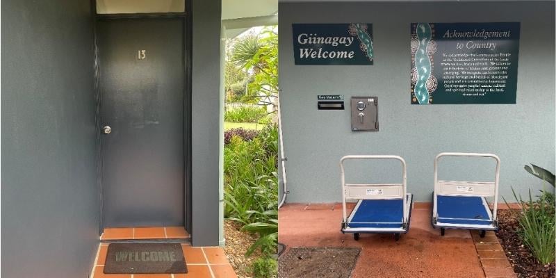 Blog Social Stories - My Holiday at Riverside Holiday Resort in Urunga - Door to downstairs apartment and trolleys available to assist with getting luggage from the car to your accommodation