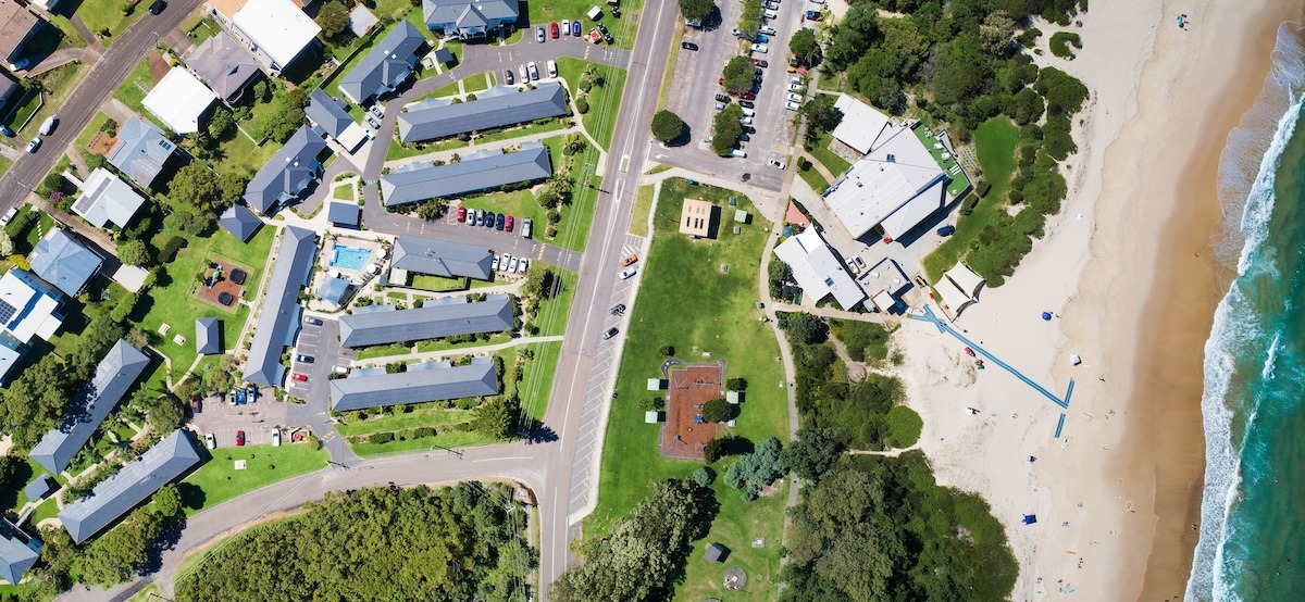 Seaside Holiday Resort and Fingal Bay Surf Life Saving Club Aerial view