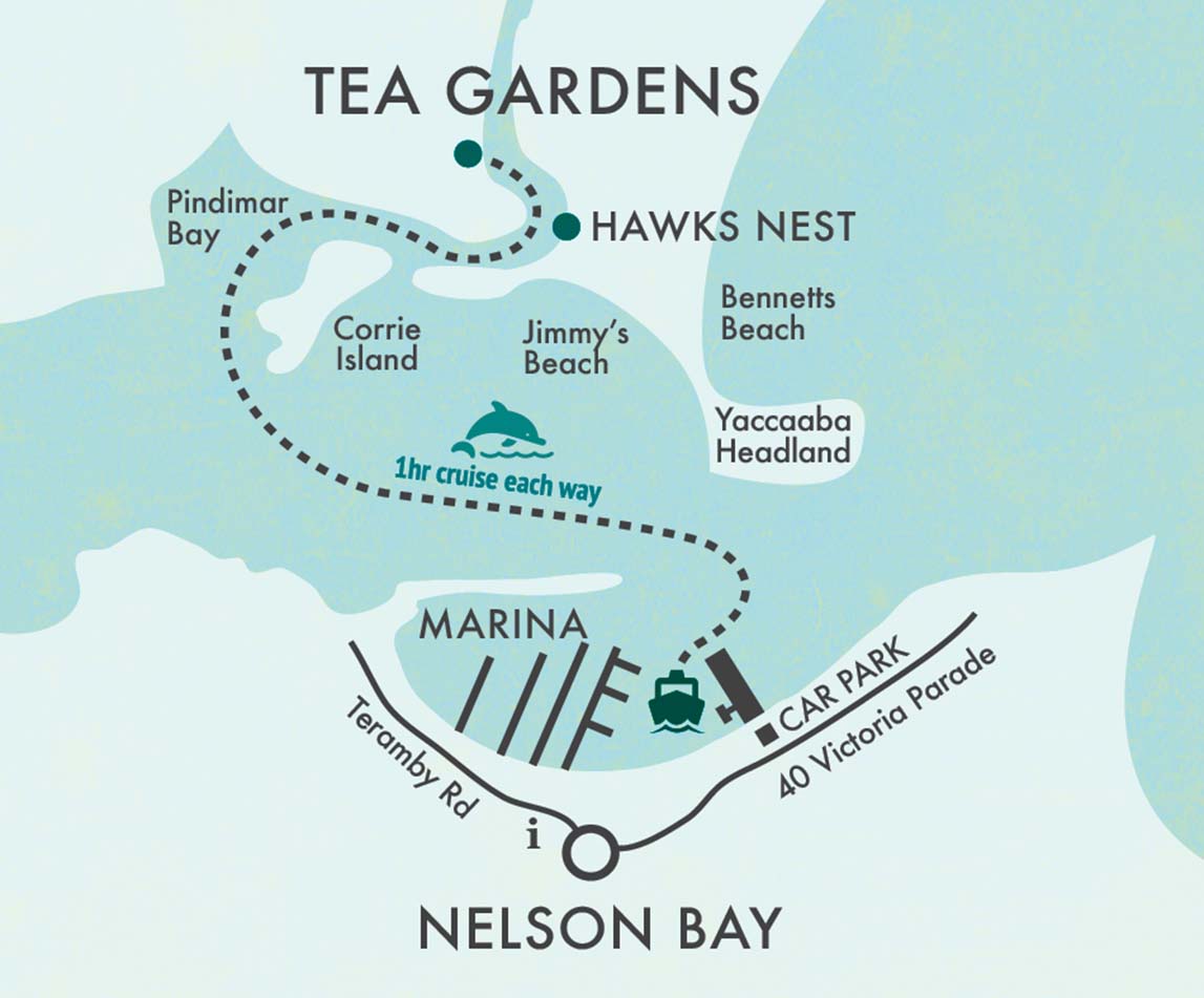 Map of The Original Tea Gardens Ferry Route from Nelson Bay, Port Stephens